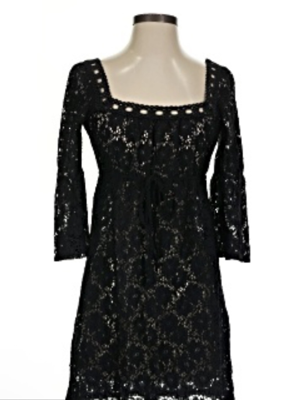 Laundry By Shelli Segal Black Lace Square-Neck Long Sleeve Dress NWT L